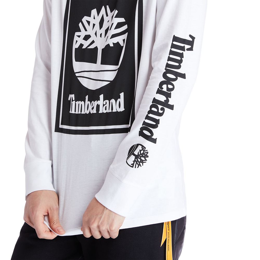 Tricouri Timberland Barbati Negrii/Albi - Long-Sleeve Logo - Romania - EWZDTJ469